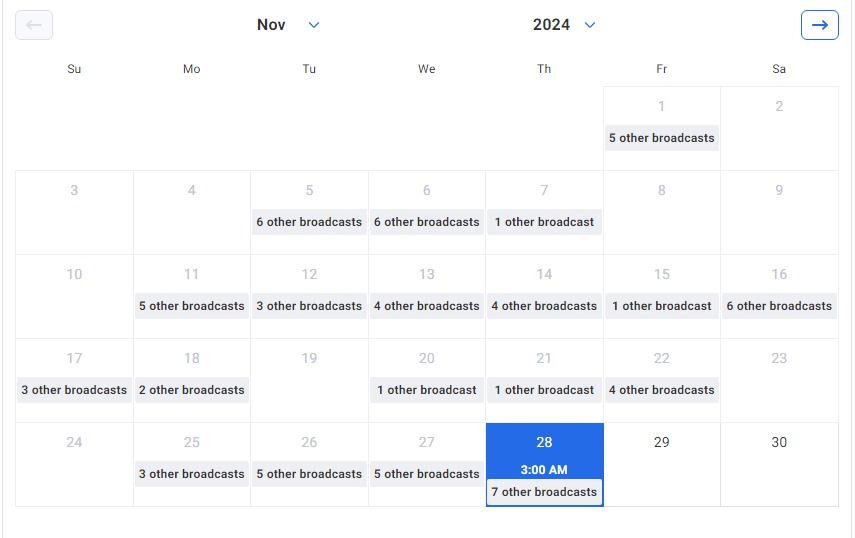 Broadcast calendar showing scheduled sends per day